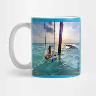 Mermaid on a Swing in the Ocean with Whale Breaching Mug